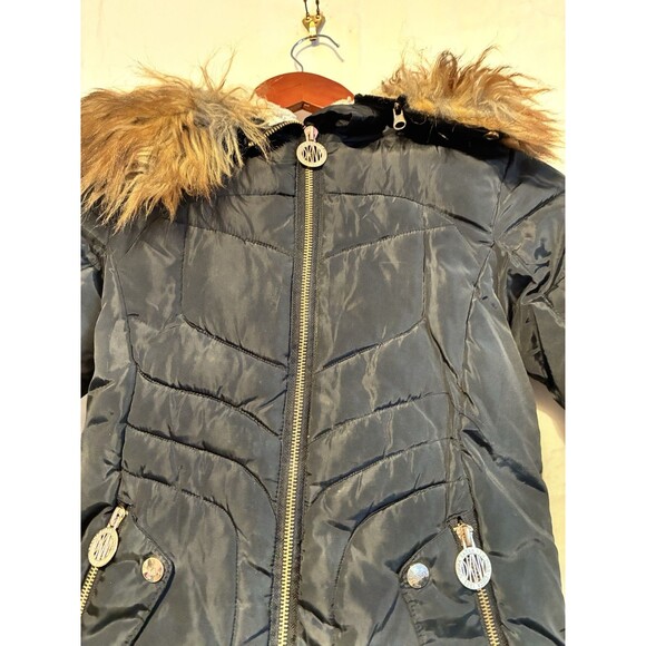 DKNY Girls Black Puffer Coat Faux Fur Hood Zip Jacket Size 7/8 S/P Warm - Picture 6 of 15
